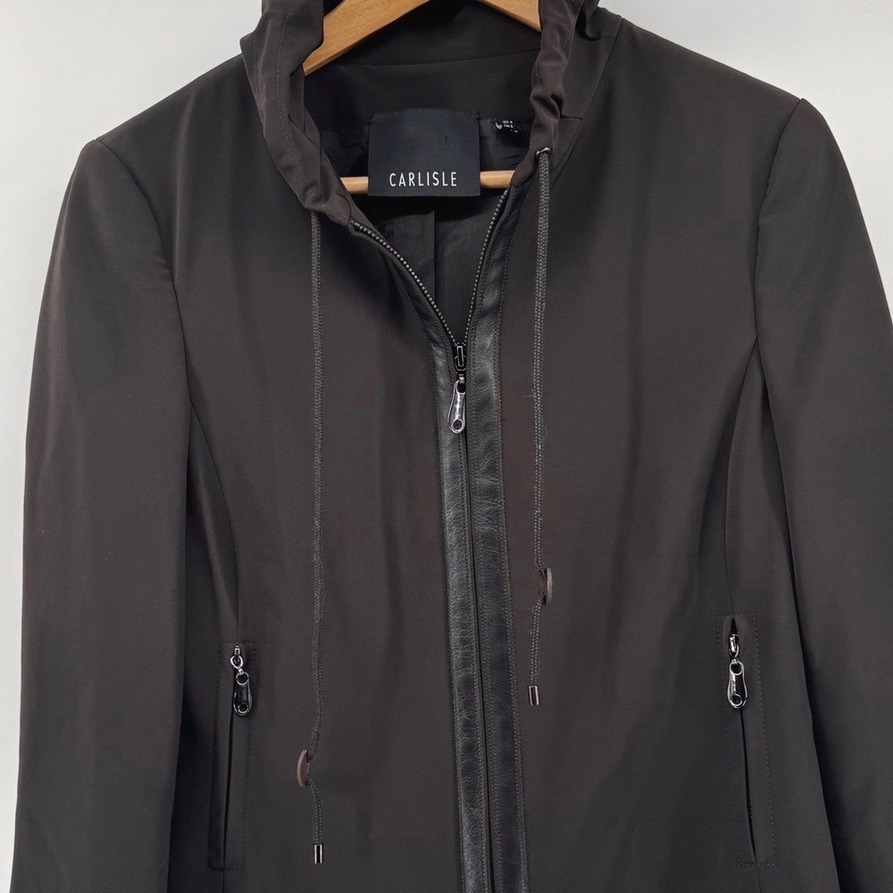 Carlisle Womens‎ Brown Full Zip Jacket Leather Trim Ruffle Neck Size 4